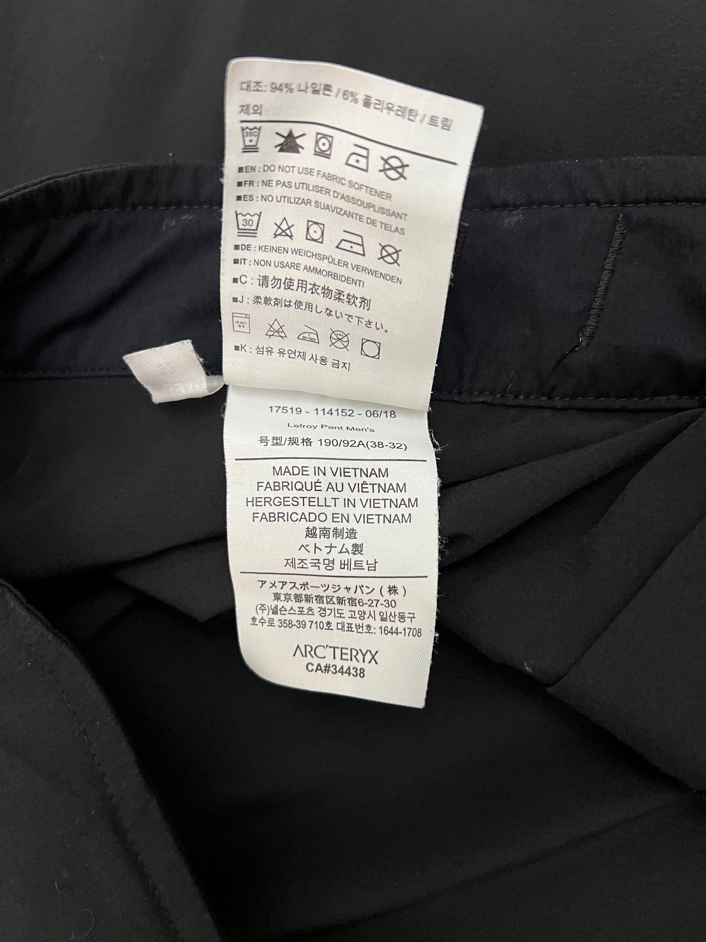 Arc'teryx Lefroy Pant Black Men’s 38W 32L