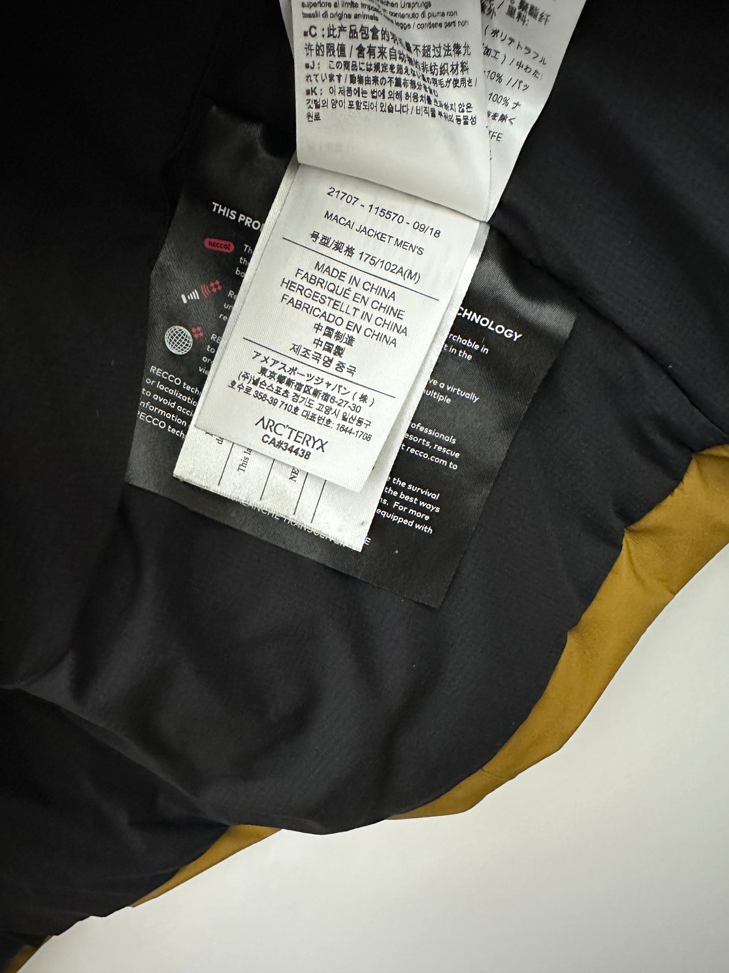 Arc’teryx Macai Jacket Yukon Gold Men’s M Medium Gore-Tex RECCO