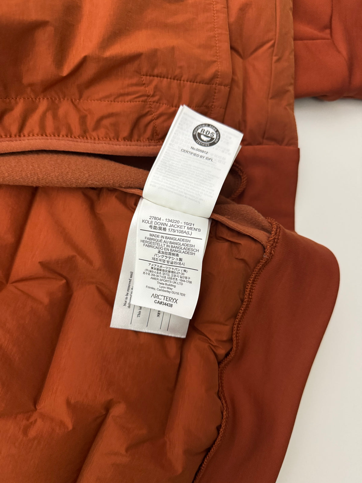 Arc'teryx Kole Down Jacket Komorebi Orange Men's L Large Stretch Puffer Coat