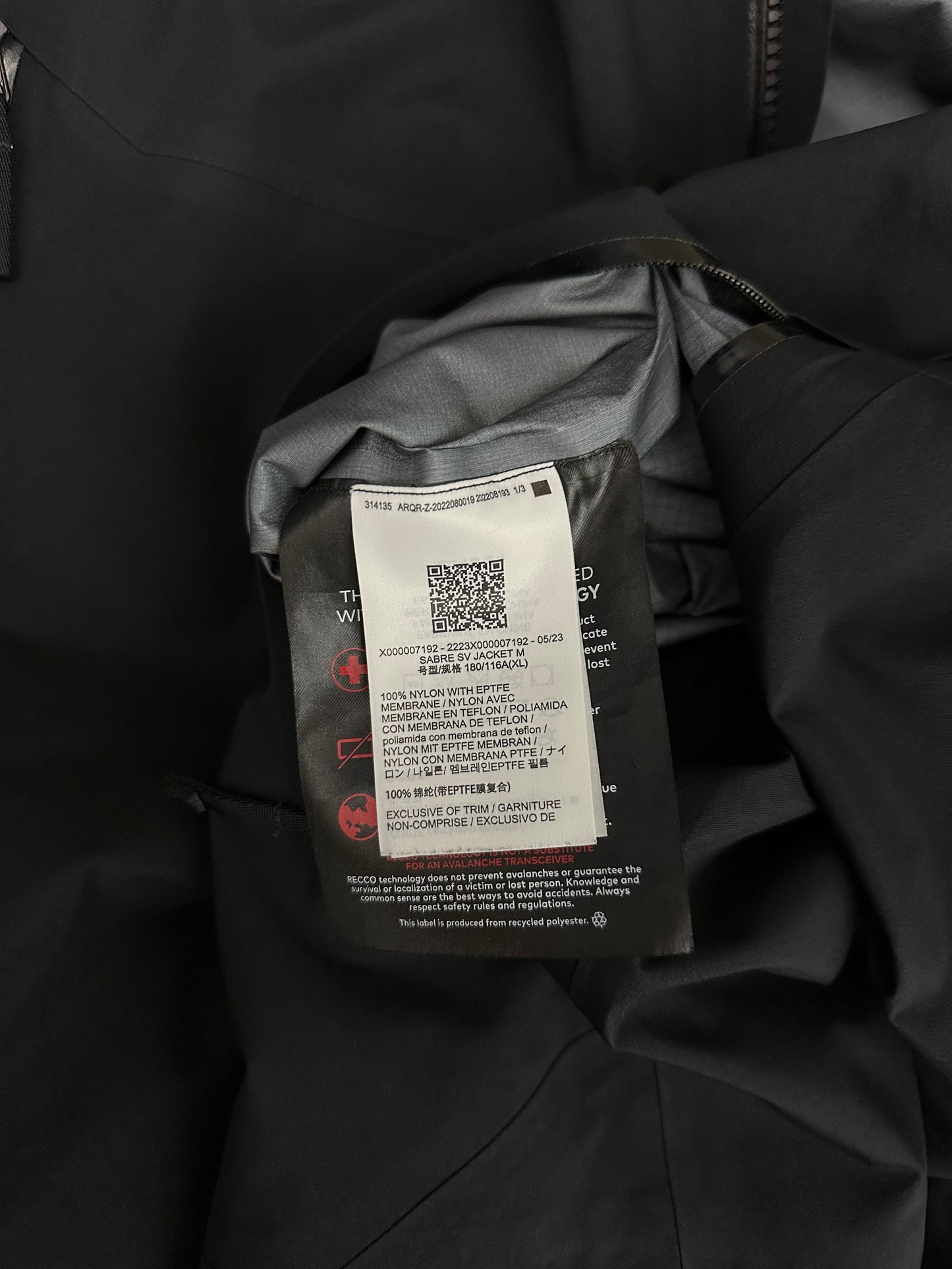 Arc’teryx Sabre SV Jacket Black XL Extra Large Gore-Tex RECCO